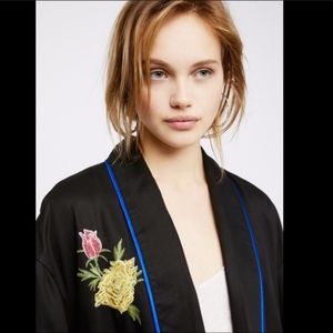 Black Bird & Flower Embroidered Drapy Open Duster